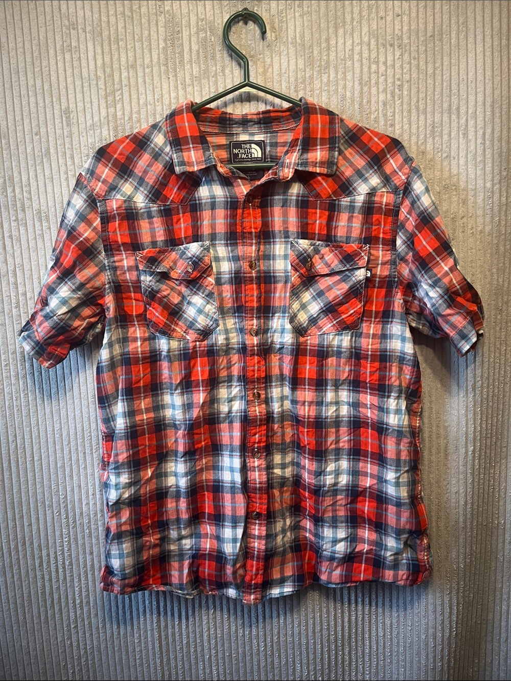 The North Face Red/ Orange and Navy Plaid Short-Sleeve Button-Up Shirt Large